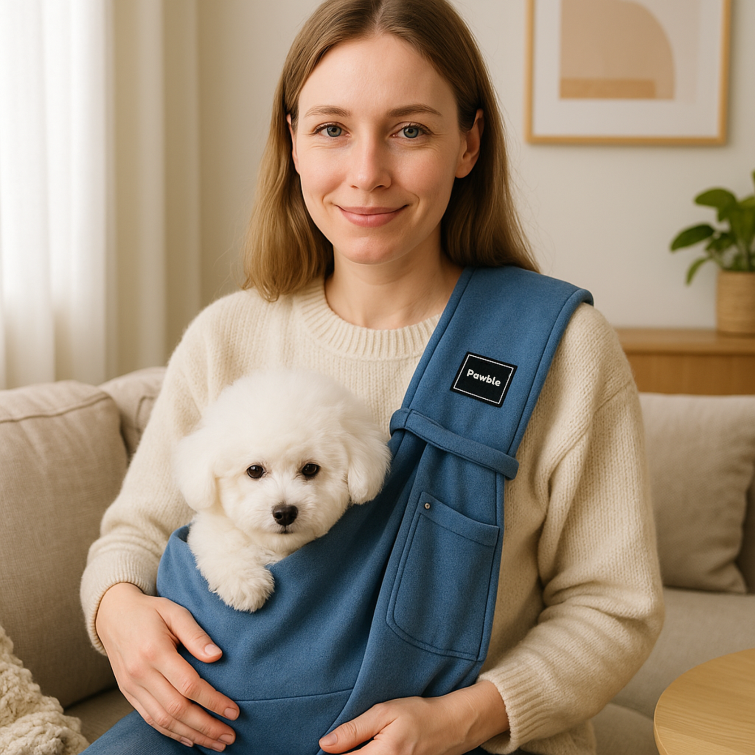 Woman holding a small white dog in a blue carrier with a 'Pawble' brand label.